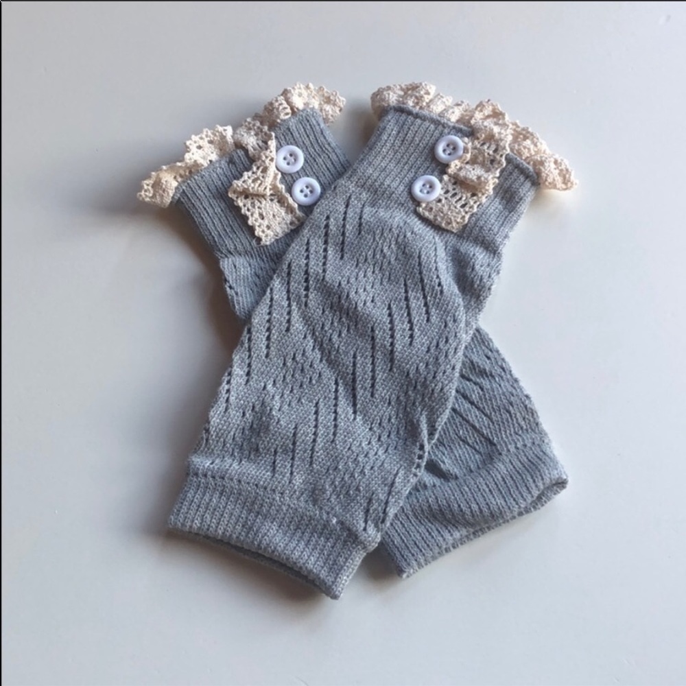 Girls Gray Pointelle Knit Lace Boot Cuffs